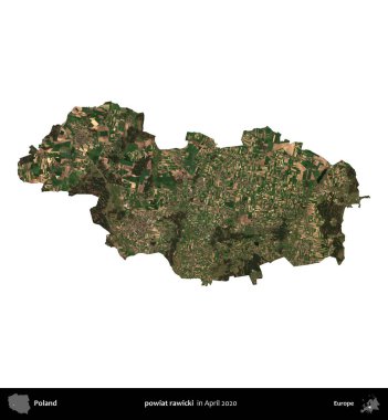powiat rawicki. Polonya idari bölgesi, Nisan 2020 'de çekilen Kopernik Nöbetçi karolarından oluşan bir uydu görüntüsü üzerinde beyaza izole edildi.