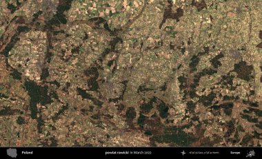 powiat rawicki. Copernicus Sentinel 'in Mart 2022' de çekilmiş uydu görüntüsü üzerine Polonya 'nın idari bölgesi.