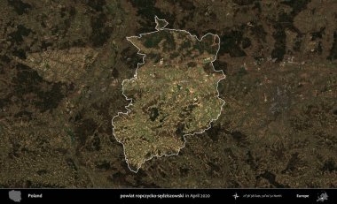 powiat ropczycko-sedziszowski. Polonya 'nın idari alanı, Nisan 2020' de çekilen Kopernik Nöbetçi karolarından oluşan koyu renkli bir uydu görüntüsü üzerine vurgulandı ve özetlendi