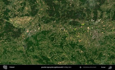 powiat ropczycko-sedziszowski. Copernicus Sentinel 'in Mayıs 2021' de çekilmiş uydu görüntüsü üzerine Polonya 'nın idari bölgesi.