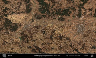 powiat ropczycko-sedziszowski. Copernicus Sentinel 'in Mart 2022' de çekilmiş uydu görüntüsü üzerine Polonya 'nın idari bölgesi.