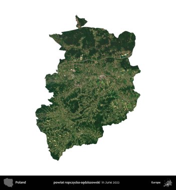 powiat ropczycko-sedziszowski. Polonya idari bölgesi, Haziran 2022 'de çekilen Kopernik Nöbetçi karolarından oluşan bir uydu görüntüsü üzerinde beyaza izole edildi.