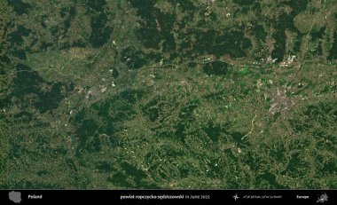 powiat ropczycko-sedziszowski. Copernicus Sentinel 'in Haziran 2022' de çekilmiş uydu görüntüsü üzerine Polonya 'nın idari bölgesi.