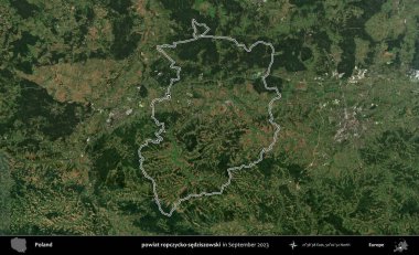 powiat ropczycko-sedziszowski. Eylül 2023 'te çekilen Copernicus Sentinel karolarından oluşan bir uydu görüntüsü üzerine Polonya' nın idari bölgesinin ana hatlarını belirledik.