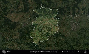 powiat ropczycko-sedziszowski. Polonya 'nın idari alanı, Eylül 2023' te çekilen Kopernik Nöbetçi karolarından oluşan koyu renkli bir uydu görüntüsü üzerine vurgulandı ve özetlendi.