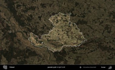 powiat rycki. Polonya 'nın idari alanı, Nisan 2018' de çekilen Kopernik Nöbetçi karolarından oluşan koyu renkli bir uydu görüntüsü üzerine vurgulandı ve özetlendi
