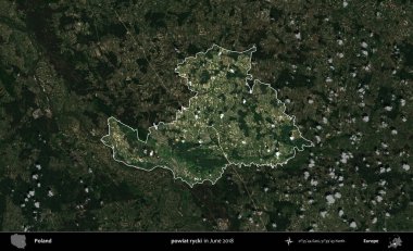 powiat rycki. Polonya 'nın idari alanı, Haziran 2018' de çekilen Kopernik Nöbetçi karolarından oluşan koyu renkli bir uydu görüntüsüyle vurgulandı ve özetlendi