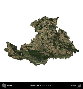 powiat rycki. Polonya idari bölgesi, Ekim 2024 'te çekilen Kopernik Nöbetçi karolarından oluşan bir uydu görüntüsü üzerinde beyaza izole edildi.