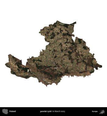 powiat rycki. Polonya idari bölgesi, Mart 2025 'te çekilen Kopernik Nöbetçi karolarından oluşan bir uydu görüntüsü üzerinde beyaza izole edildi.