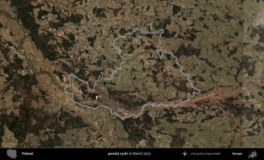 powiat rycki. Polonya 'nın idari bölgesinin ana hatları, Mart 2025' te çekilen Kopernik Nöbetçi karolarından oluşan bir uydu görüntüsü üzerine çizildi.