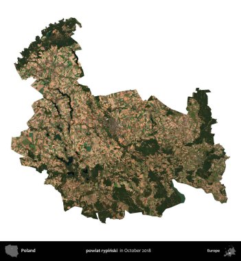 powiat rypinski. Polonya idari bölgesi, Ekim 2018 'de çekilen Kopernik Nöbetçi karolarından oluşan bir uydu görüntüsü üzerinde beyaza izole edildi.