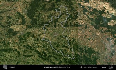 powiat rzeszowski. Eylül 2019 'da çekilen Kopernik Nöbetçi karolarından oluşan bir uydu görüntüsü üzerine Polonya' nın idari bölgesinin ana hatlarını çizdim.