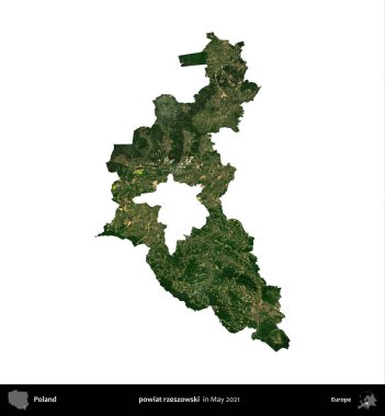 powiat rzeszowski. Polonya idari bölgesi, Mayıs 2021 'de çekilen Kopernik Nöbetçi Karolarından oluşan bir uydu görüntüsü üzerinde beyaza izole edildi.