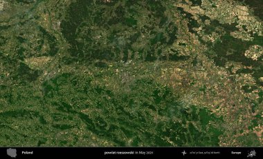 powiat rzeszowski. Copernicus Sentinel 'in Mayıs 2021' de çekilmiş uydu görüntüsü üzerine Polonya 'nın idari bölgesi.