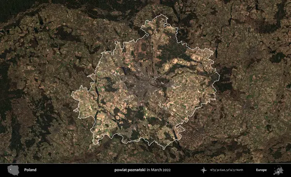 powiat poznanski. Polonya 'nın idari alanı, Mart 2022' de çekilen Kopernik Nöbetçi karolarından oluşan koyu renkli bir uydu görüntüsü üzerine vurgulandı ve özetlendi.
