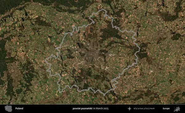 powiat poznanski. Polonya 'nın idari bölgesinin ana hatları, Mart 2025' te çekilen Kopernik Nöbetçi karolarından oluşan bir uydu görüntüsü üzerine çizildi.