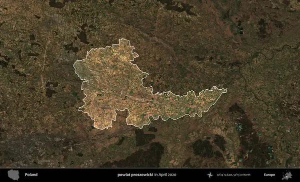 powiat proszowicki. Polonya 'nın idari alanı, Nisan 2020' de çekilen Kopernik Nöbetçi karolarından oluşan koyu renkli bir uydu görüntüsü üzerine vurgulandı ve özetlendi