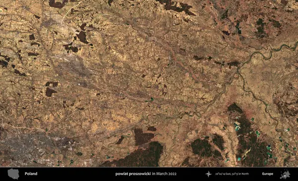 powiat proszowicki. Copernicus Sentinel 'in Mart 2022' de çekilmiş uydu görüntüsü üzerine Polonya 'nın idari bölgesi.