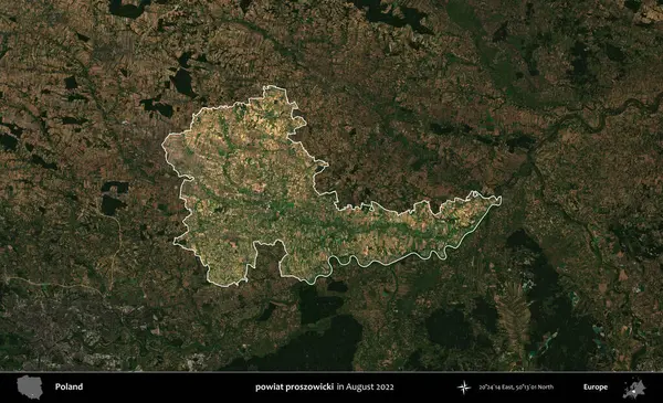 powiat proszowicki. Polonya 'nın idari alanı, Ağustos 2022' de çekilen Kopernik Nöbetçi karolarından oluşan koyu renkli bir uydu görüntüsü üzerine vurgulandı ve özetlendi.