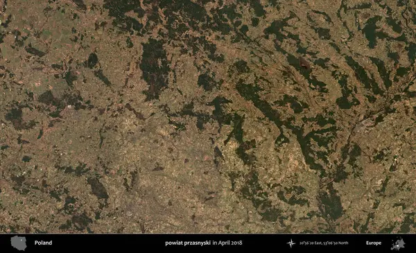 powiat przasnyski. Nisan 2018 'de çekilen Kopernik Sentinel karolarından oluşan bir uydu görüntüsü üzerine Polonya' nın idari bölgesi