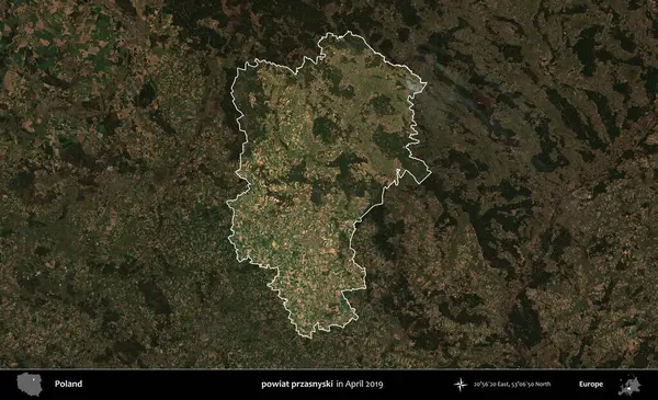 powiat przasnyski. Polonya 'nın idari alanı, Nisan 2019' da çekilen Kopernik Nöbetçi karolarından oluşan koyu renkli bir uydu görüntüsü üzerine vurgulandı ve özetlendi.