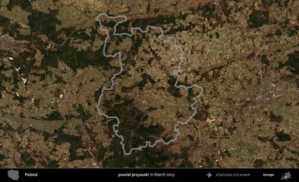 powiat przysuski. Polonya 'nın idari bölgesinin ana hatları, Mart 2025' te çekilen Kopernik Nöbetçi karolarından oluşan bir uydu görüntüsü üzerine çizildi.