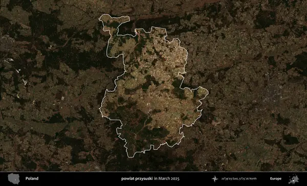 powiat przysuski. Polonya 'nın idari alanı, Mart 2025' te çekilen Kopernik Nöbetçi karolarından oluşan koyu renkli bir uydu görüntüsü üzerine vurgulandı ve özetlendi