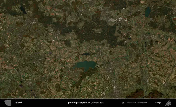 powiat pszczynski. Polonya 'nın idari bölgesi, Ekim 2021' de çekilen Kopernik Sentinel karolarından oluşan bir uydu görüntüsü üzerine kurulmuştur.