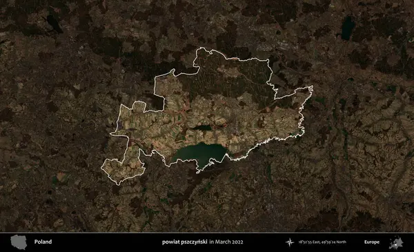 powiat pszczynski. Polonya 'nın idari alanı, Mart 2022' de çekilen Kopernik Nöbetçi karolarından oluşan koyu renkli bir uydu görüntüsü üzerine vurgulandı ve özetlendi.