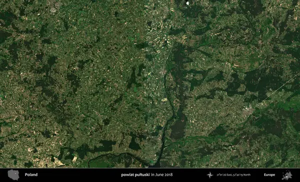 powiat pultuski. Copernicus Sentinel 'in Haziran 2018' de çekilmiş uydu görüntüsü üzerine Polonya 'nın idari bölgesi