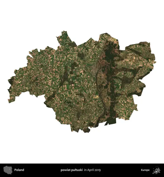 powiat pultuski. Polonya idari bölgesi, Nisan 2019 'da çekilen Kopernik Nöbetçi karolarından oluşan bir uydu görüntüsü üzerinde beyaza izole edildi.