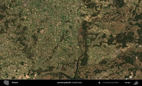 powiat pultuski. Nisan 2019 'da çekilen Kopernik Sentinel karolarından oluşan bir uydu görüntüsü üzerine Polonya' nın idari bölgesi