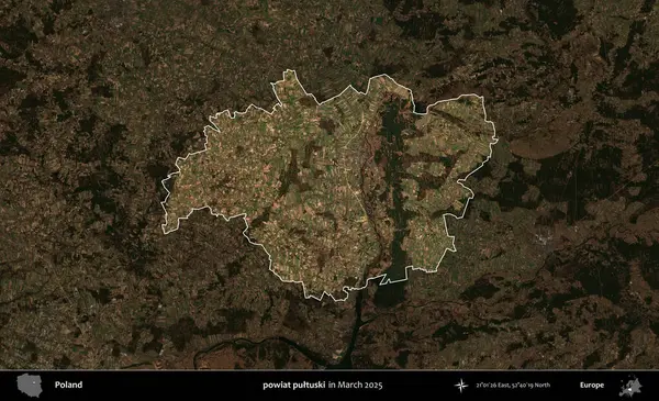 powiat pultuski. Polonya 'nın idari alanı, Mart 2025' te çekilen Kopernik Nöbetçi karolarından oluşan koyu renkli bir uydu görüntüsü üzerine vurgulandı ve özetlendi