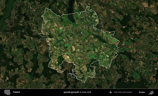 powiat pyrzycki. Polonya 'nın idari alanı, Haziran 2018' de çekilen Kopernik Nöbetçi karolarından oluşan koyu renkli bir uydu görüntüsüyle vurgulandı ve özetlendi