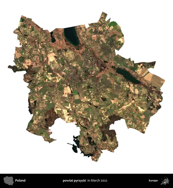powiat pyrzycki. Polonya idari bölgesi, Mart 2022 'de çekilen Kopernik Nöbetçi karolarından oluşan bir uydu görüntüsü üzerinde beyaza izole edildi.