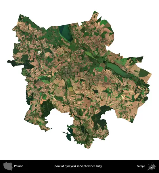 powiat pyrzycki. Polonya idari bölgesi, Eylül 2023 'te çekilen Kopernik Nöbetçi karolarından oluşan bir uydu görüntüsü üzerinde beyaza izole edildi.