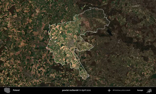powiat raciborski. Polonya 'nın idari alanı, Nisan 2020' de çekilen Kopernik Nöbetçi karolarından oluşan koyu renkli bir uydu görüntüsü üzerine vurgulandı ve özetlendi