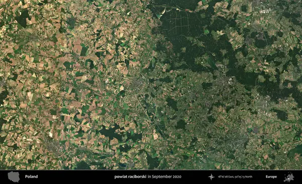 powiat raciborski. Eylül 2020 'de Copernicus Sentinel karolarından oluşan bir uydu görüntüsü üzerine Polonya' nın idari bölgesi