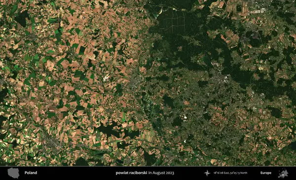 powiat raciborski. Copernicus Sentinel 'in Ağustos 2023' te çekilmiş uydu görüntüsü üzerine Polonya 'nın idari bölgesi.