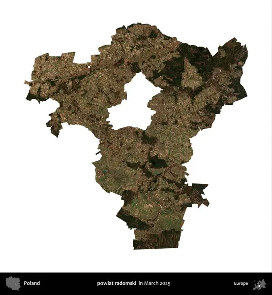 powiat radomski. Polonya idari bölgesi, Mart 2025 'te çekilen Kopernik Nöbetçi karolarından oluşan bir uydu görüntüsü üzerinde beyaza izole edildi.