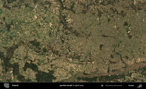 powiat rawski. Nisan 2019 'da çekilen Kopernik Sentinel karolarından oluşan bir uydu görüntüsü üzerine Polonya' nın idari bölgesi