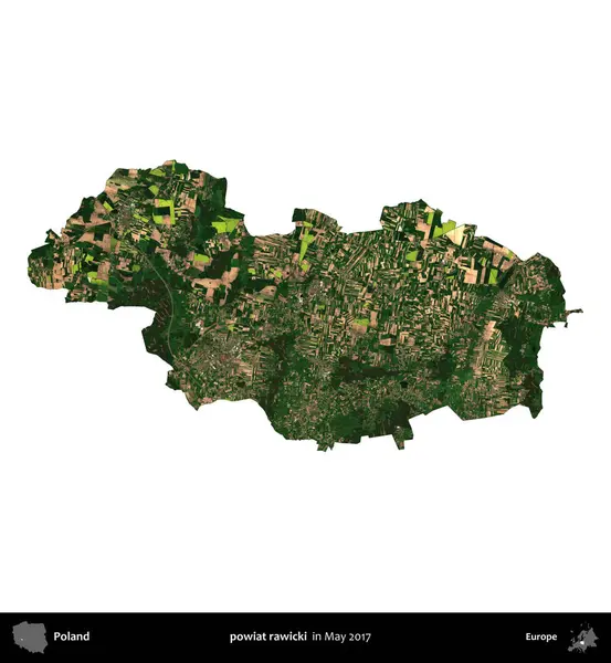 powiat rawicki. Polonya idari bölgesi, Mayıs 2017 'de çekilen Kopernik Nöbetçi karolarından oluşan bir uydu görüntüsü üzerinde beyaza izole edildi.