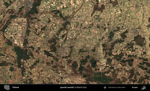 powiat rawicki. Copernicus Sentinel 'in Mart 2022' de çekilmiş uydu görüntüsü üzerine Polonya 'nın idari bölgesi.