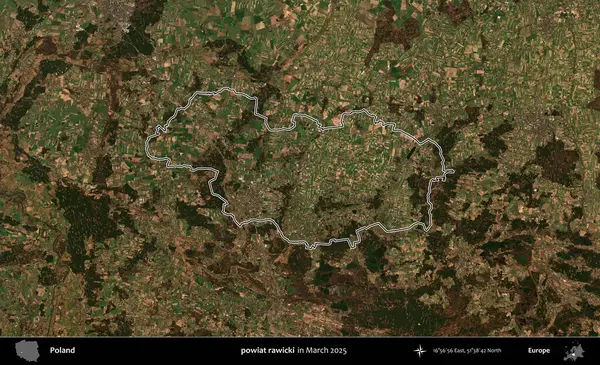 powiat rawicki. Polonya 'nın idari bölgesinin ana hatları, Mart 2025' te çekilen Kopernik Nöbetçi karolarından oluşan bir uydu görüntüsü üzerine çizildi.