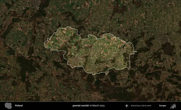 powiat rawicki. Polonya 'nın idari alanı, Mart 2025' te çekilen Kopernik Nöbetçi karolarından oluşan koyu renkli bir uydu görüntüsü üzerine vurgulandı ve özetlendi