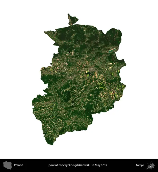 powiat ropczycko-sedziszowski. Polonya idari bölgesi, Mayıs 2021 'de çekilen Kopernik Nöbetçi Karolarından oluşan bir uydu görüntüsü üzerinde beyaza izole edildi.