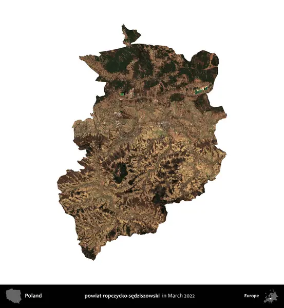 powiat ropczycko-sedziszowski. Polonya idari bölgesi, Mart 2022 'de çekilen Kopernik Nöbetçi karolarından oluşan bir uydu görüntüsü üzerinde beyaza izole edildi.
