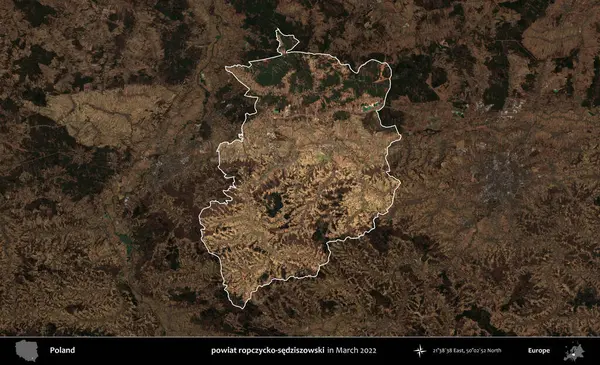 powiat ropczycko-sedziszowski. Polonya 'nın idari alanı, Mart 2022' de çekilen Kopernik Nöbetçi karolarından oluşan koyu renkli bir uydu görüntüsü üzerine vurgulandı ve özetlendi.