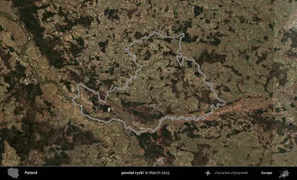 powiat rycki. Polonya 'nın idari bölgesinin ana hatları, Mart 2025' te çekilen Kopernik Nöbetçi karolarından oluşan bir uydu görüntüsü üzerine çizildi.