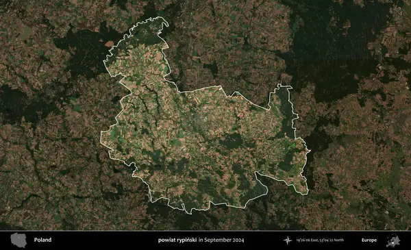 powiat rypinski. Polonya 'nın idari alanı, Eylül 2024' te çekilen Kopernik Nöbetçi karolarından oluşan koyu renkli bir uydu görüntüsü üzerine vurgulandı ve özetlendi